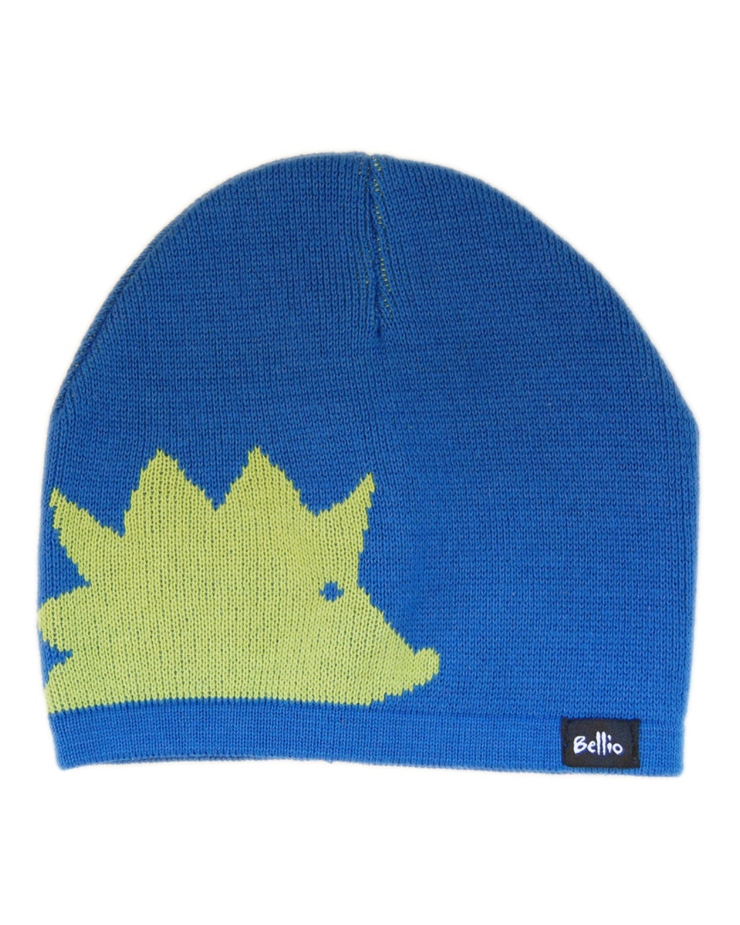 Blaue Strickmütze mit grünem Igel