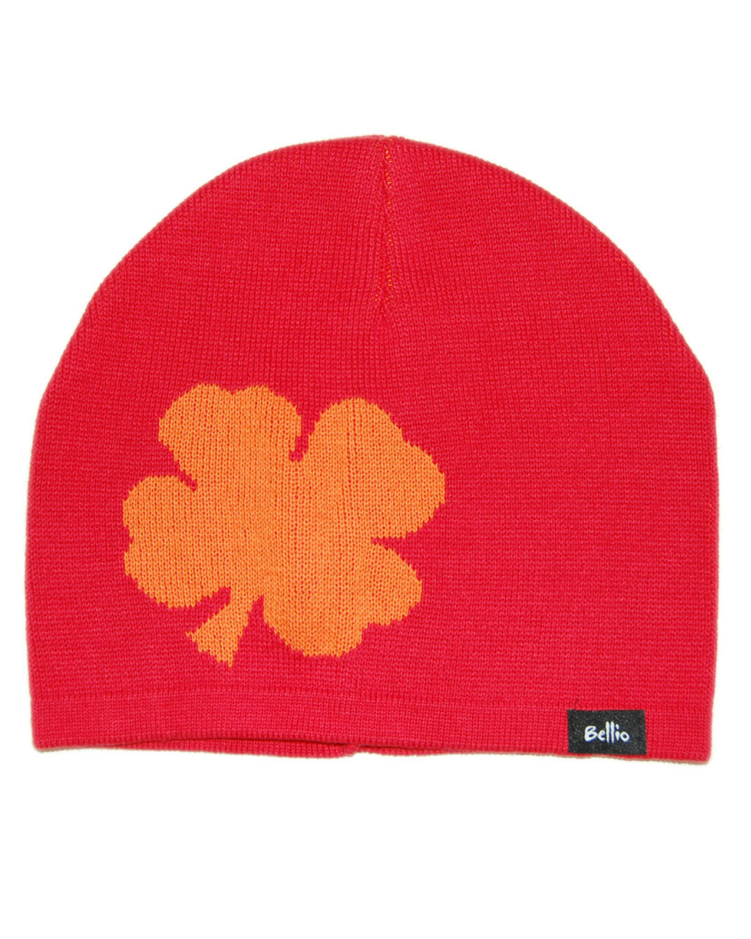 Rote Strickmütze mit Kleeblatt in Orange