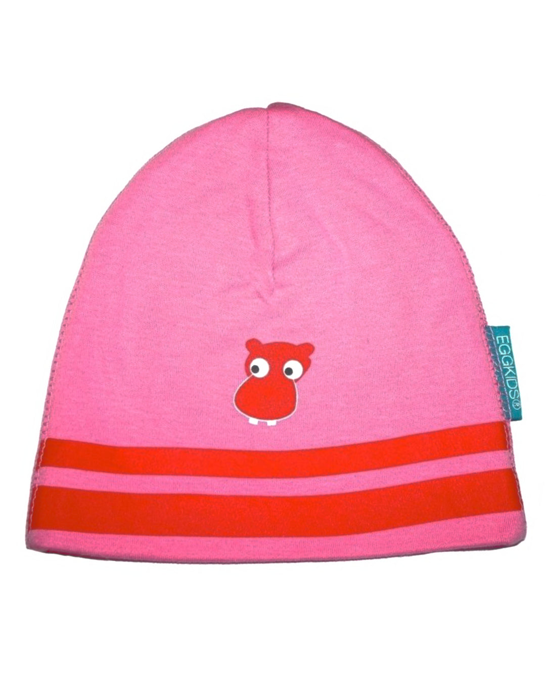 Rosa Beanie für Babys mit roten Streifen am Rand und roten Nilpferd
