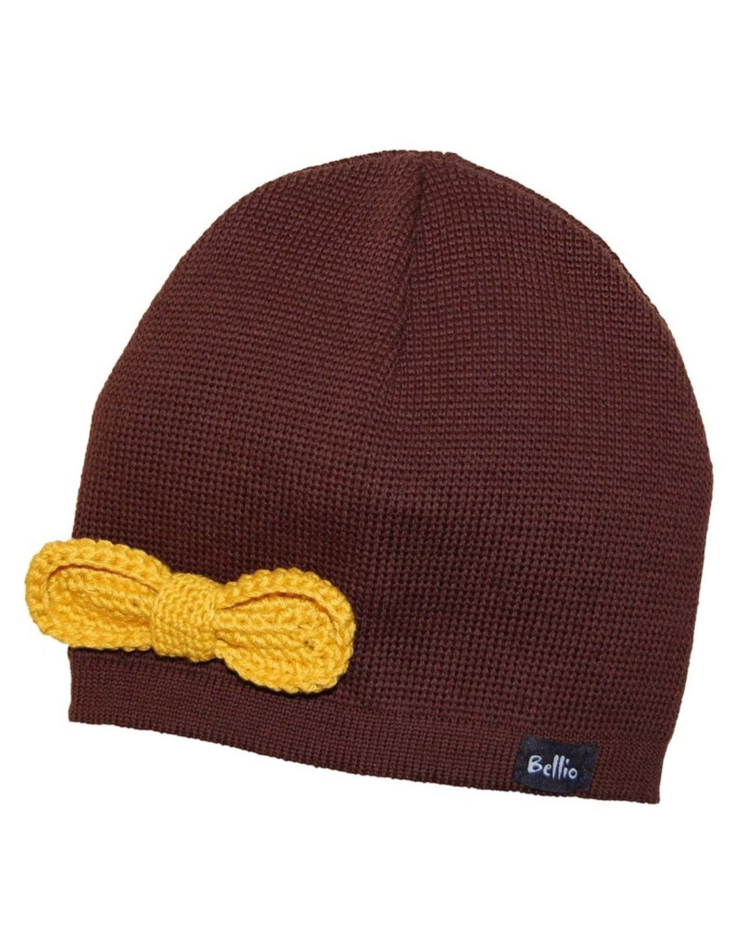 Braune Strickmütze mit gelber Strickschleife