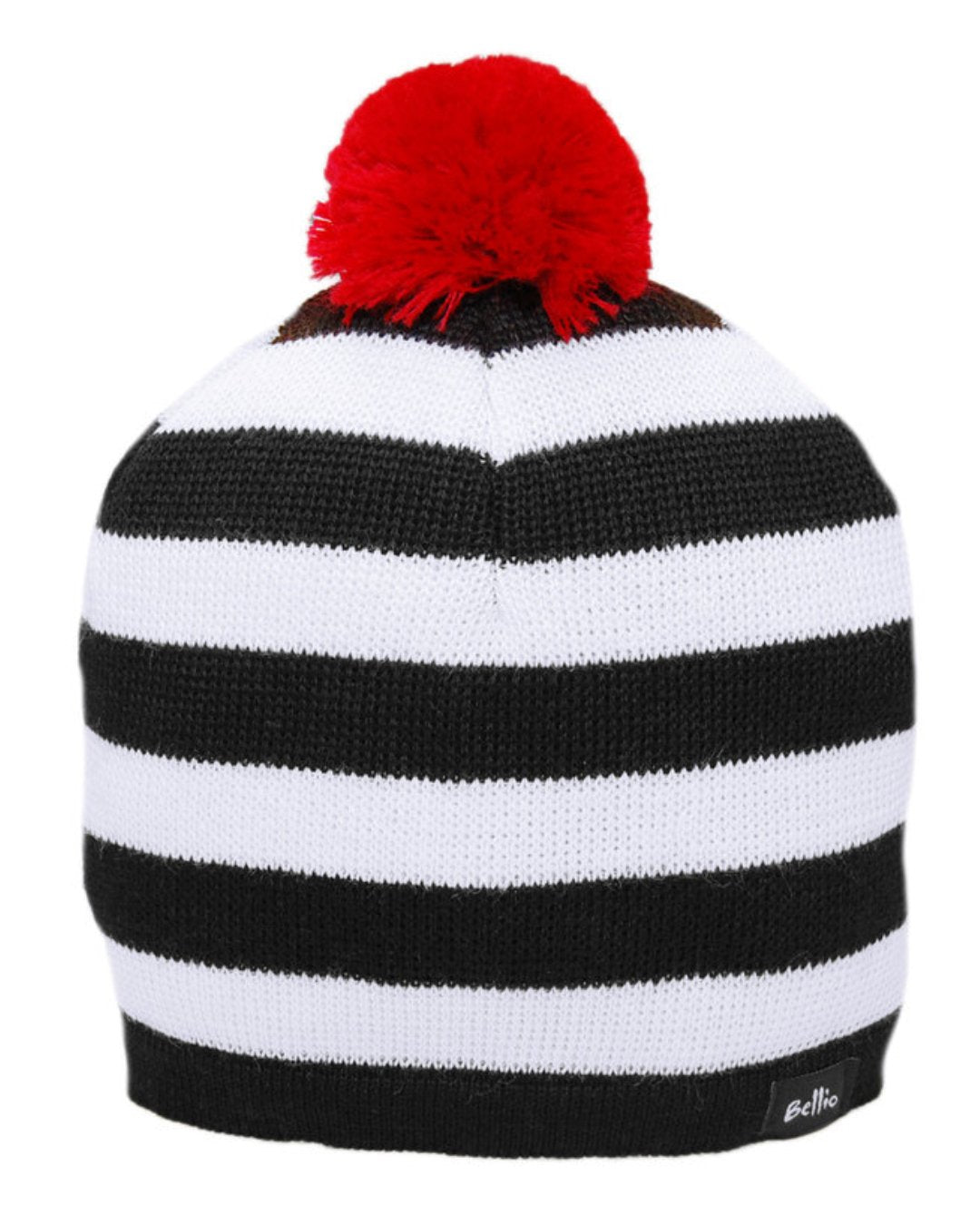 Schwarz/weiß gestreifte Wollmütze mit roter kleiner Bommel