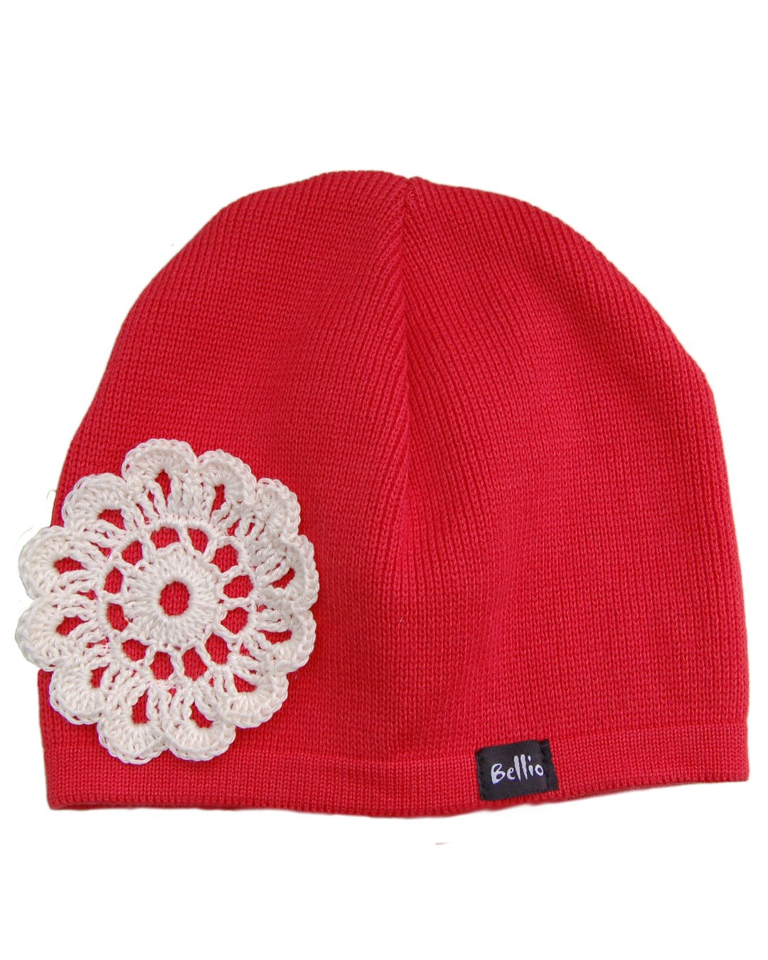 Rote Beanie mit Häkelblume in weiß