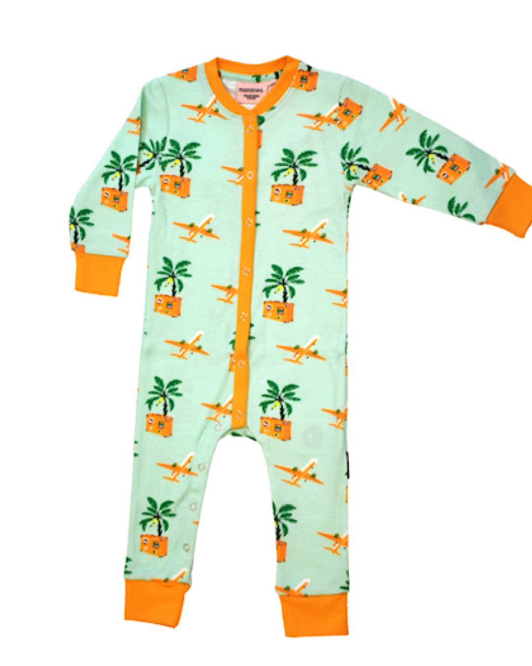 Babyschlafanzug in grün mit Reise Motiven aus BioBaumwolle von moromini