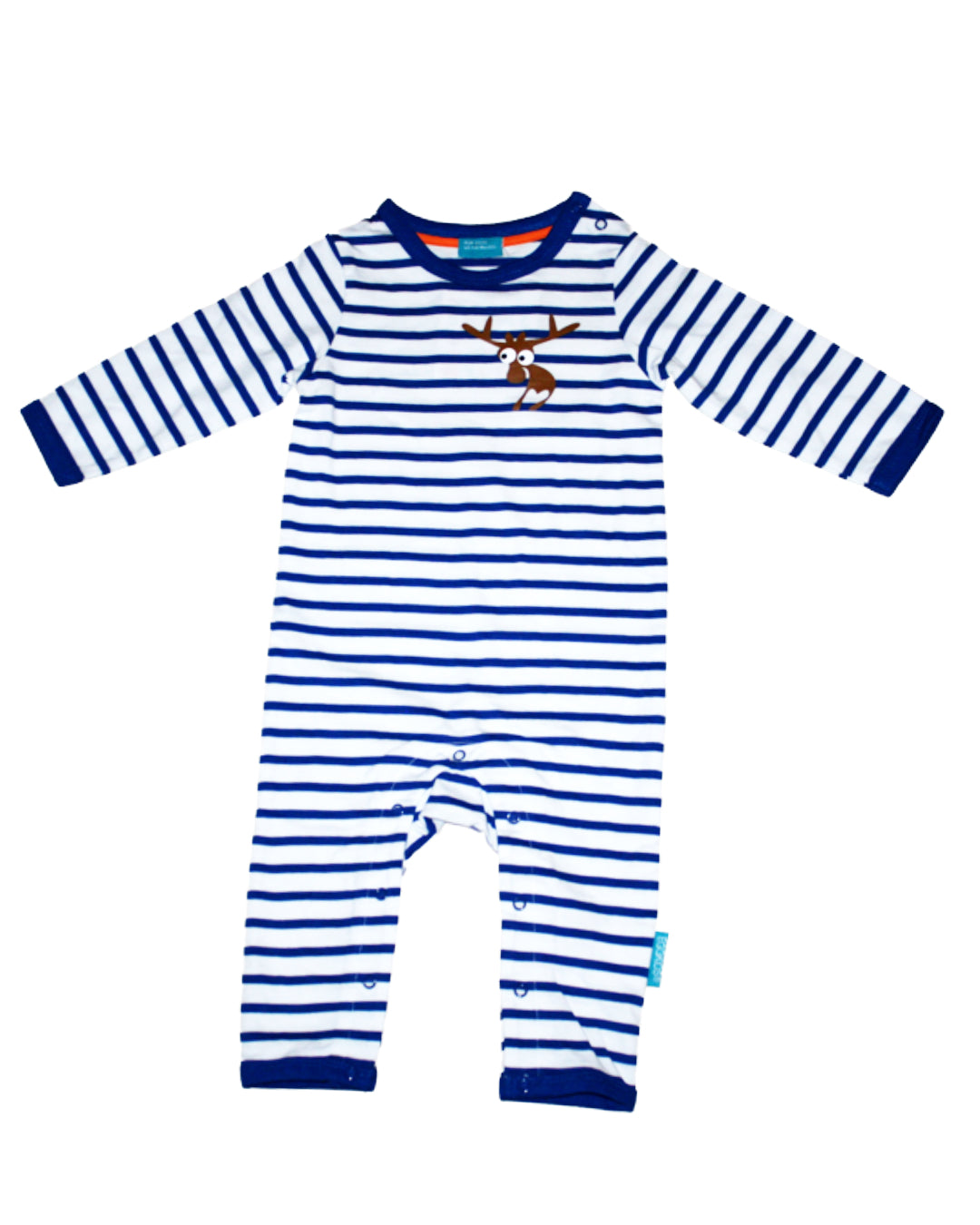 Overall blau/weiß gestreift mit braunem kleinem Elch