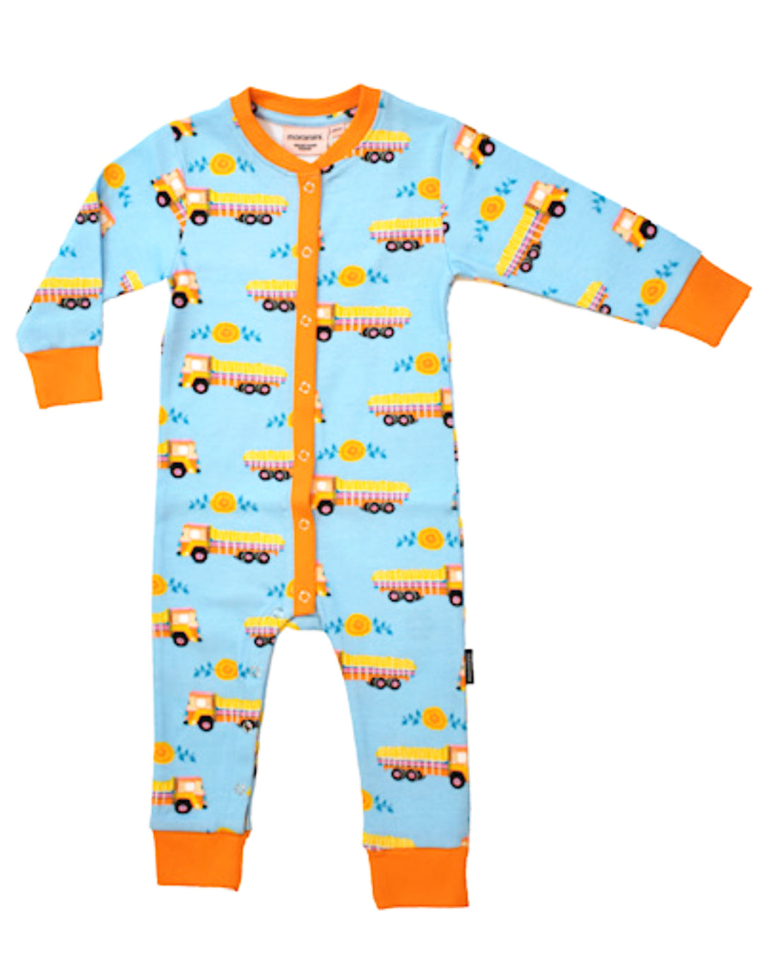 Overall für Babys in Hellblau mit LKWs aus BioBaumwolle von moromini