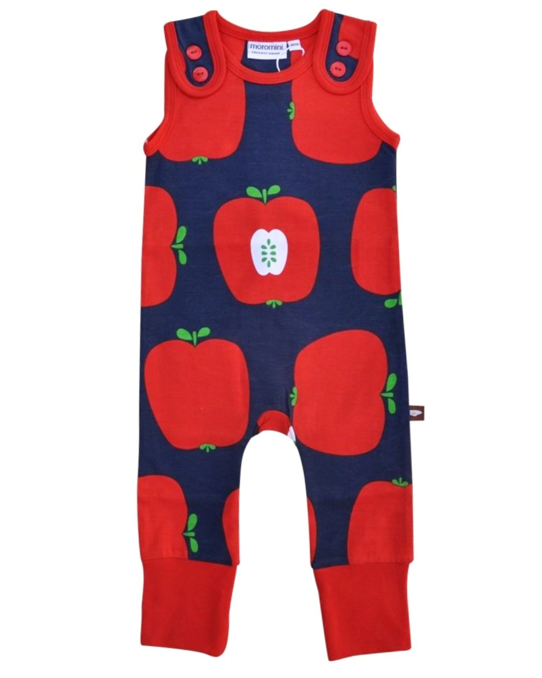 Babystrampler in blau mit großen roten Äpfeln aus Biobaumwolle von moromini