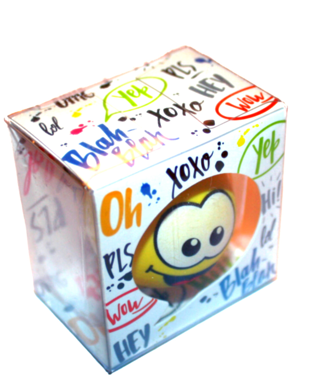 Gelber Radierer in kugelform mit Gesicht