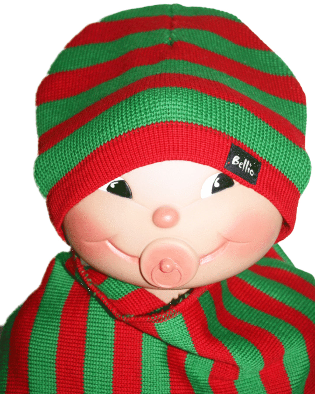 Puppe mit Mütze und Schal rot Grün gestreift