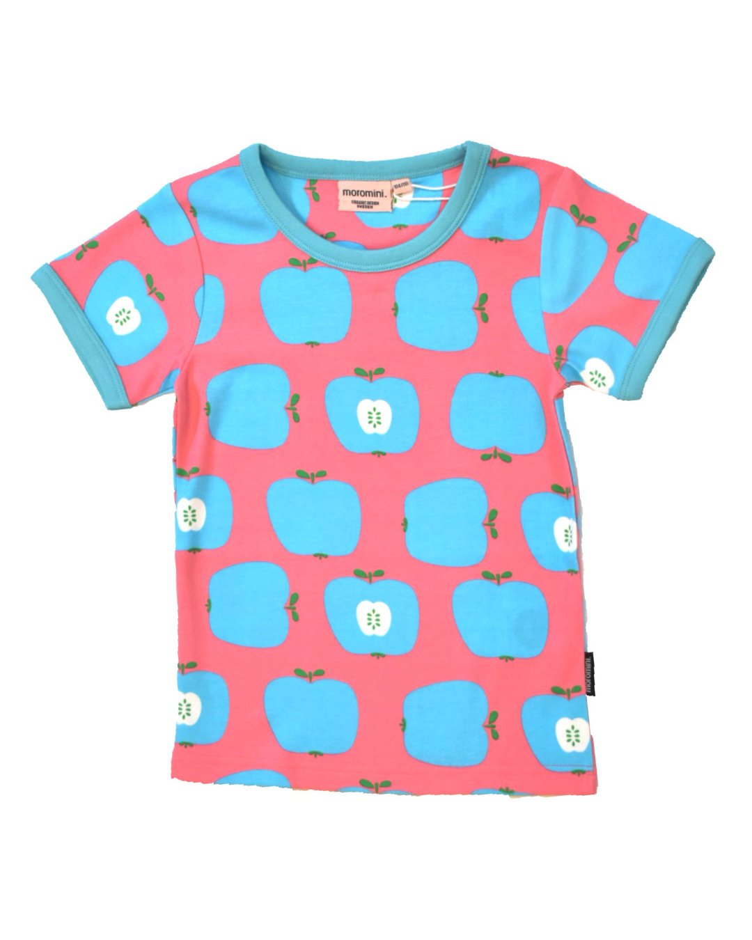 T-Shirt in Pink mit hellblauen Äpfeln aus Biobaumwolle von moromini