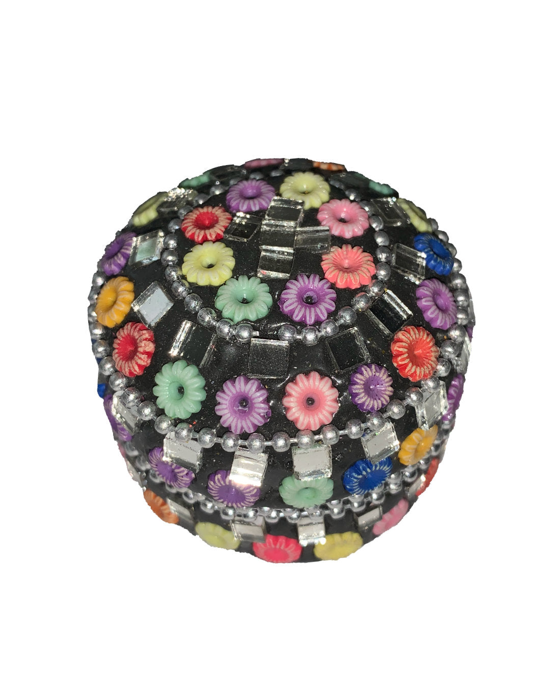 Kleine schwarze Schmuckdose mit Spiegel-Steinchen und bunten Blümchen