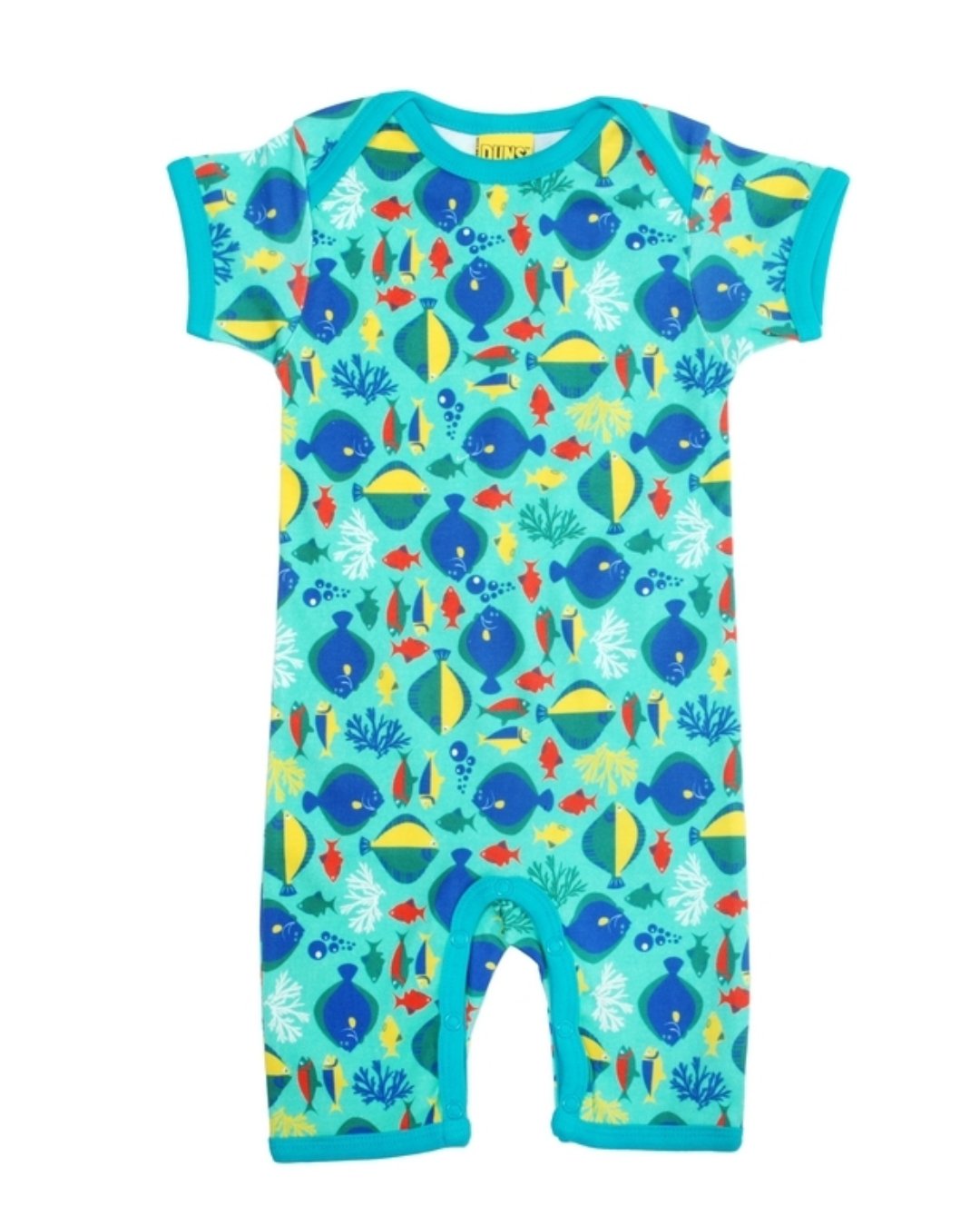 Kurzoverall in blau mit Fisch Print für Babys aus Biobaumwolle von DUNS Sweden