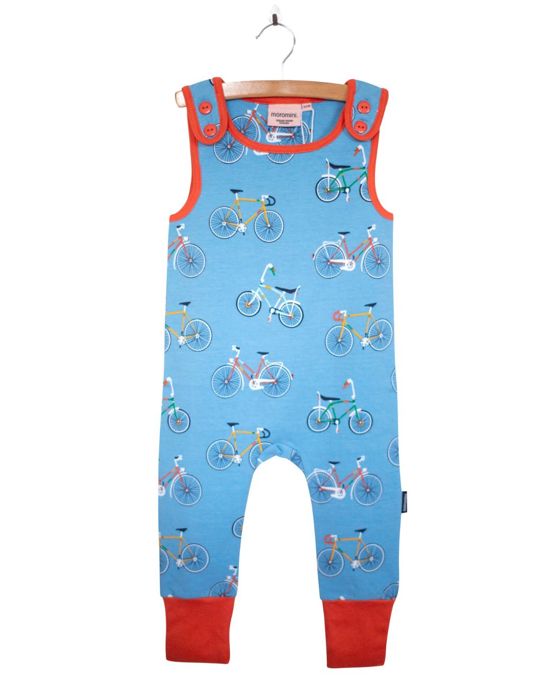 Blauer Baby Strampler mit Knopfverschluss und verschiedenen Fahrrädern - aus Bio BW von moromini bei juicyfashion