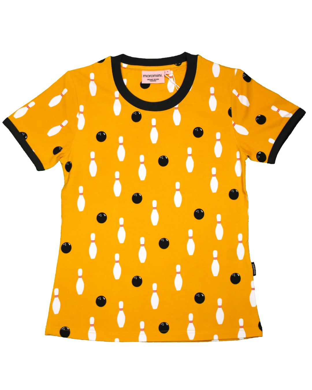 Senffarbenes T-Shirt mit weißen Kegeln und Bowlingkugeln in schwarz für Damen von moromini aus Biobaumwolle