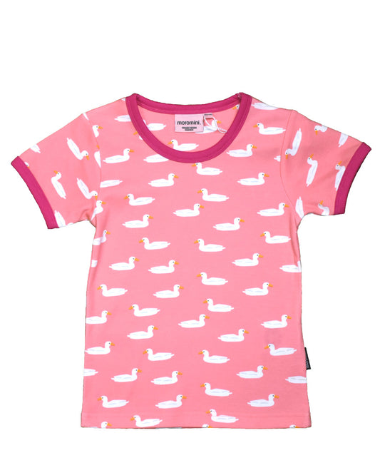 T-Shirt für Kinder in rosa mit weißen Enten aus Biobaumwolle von moromini