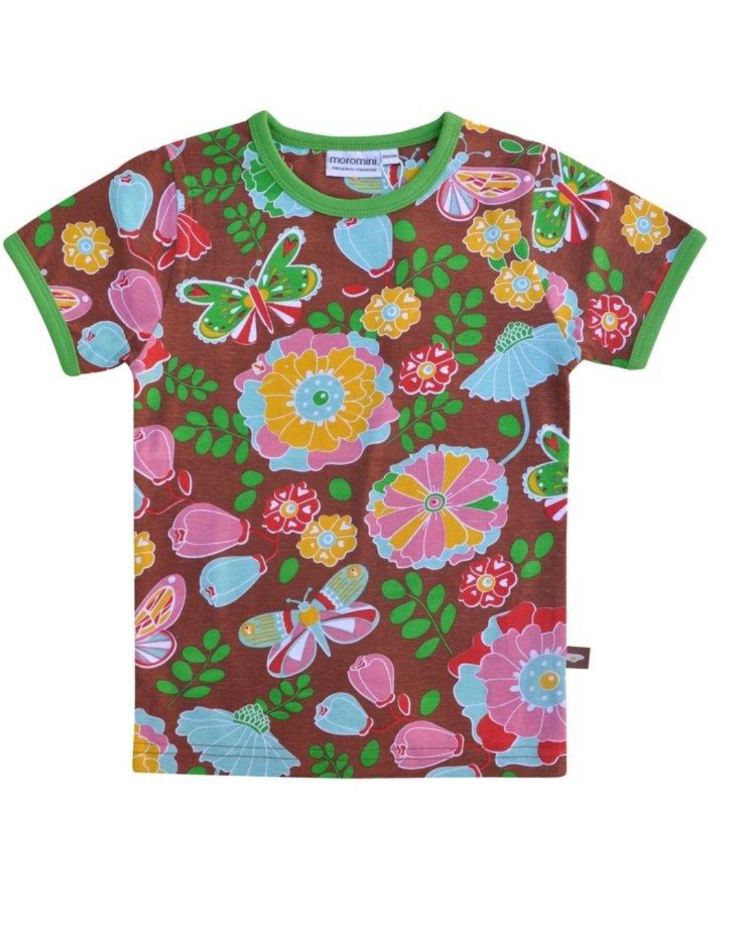 Power Flower T-Shirt von moromini in braun mit bunten Blumen aus Biobaumwolle