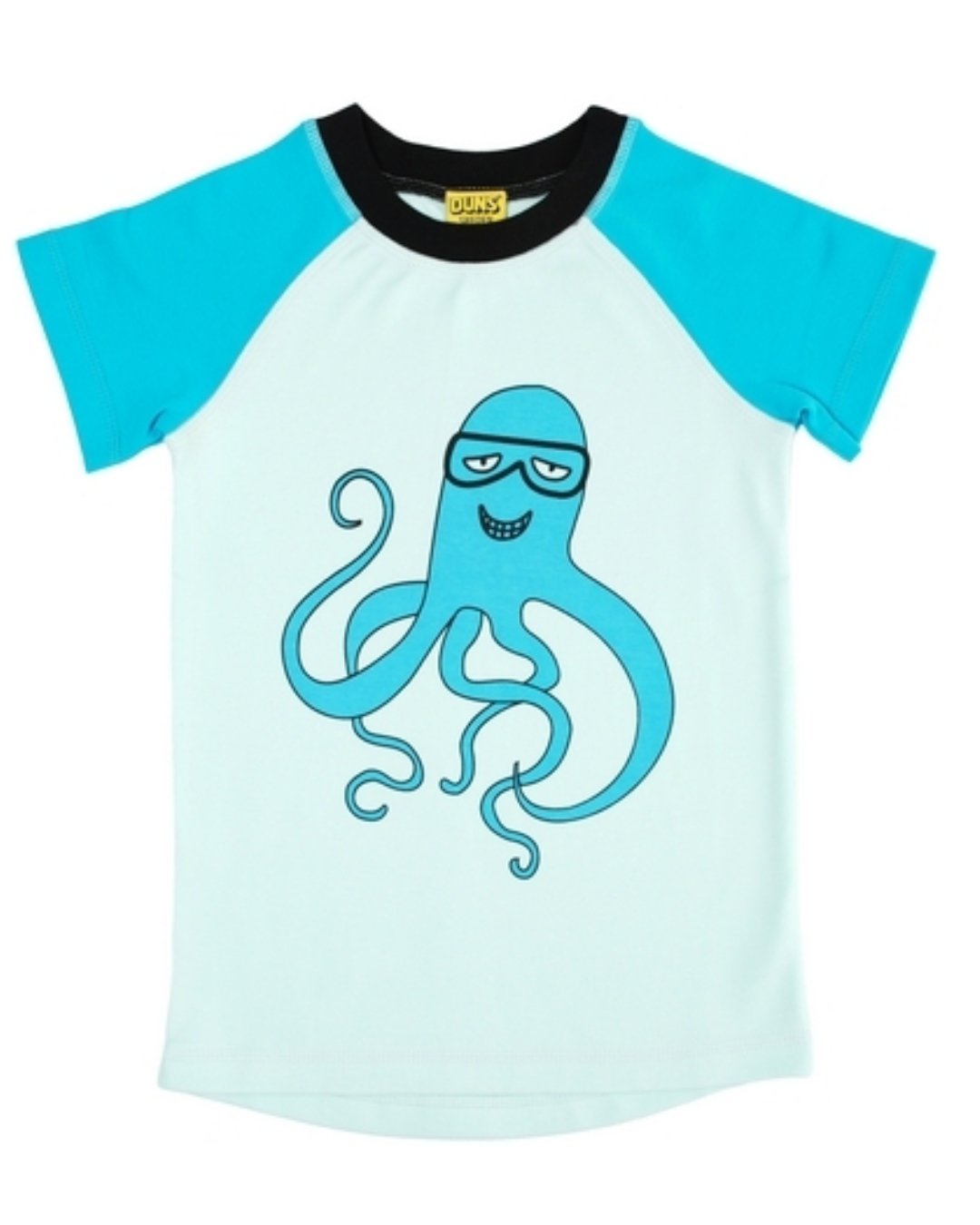 Kinder T-Shirt in hellblau mit dunkler abgesetzten Ärmeln und lustig lachender Krake mit Brille von DUNS Sweden aus Biobaumwolle