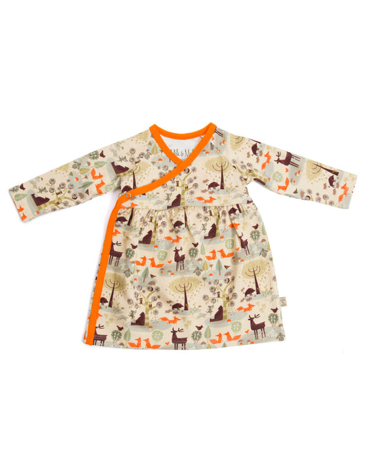 Kimonokleid für Babys in beige mit Waldtieren aus Biobaumwolle