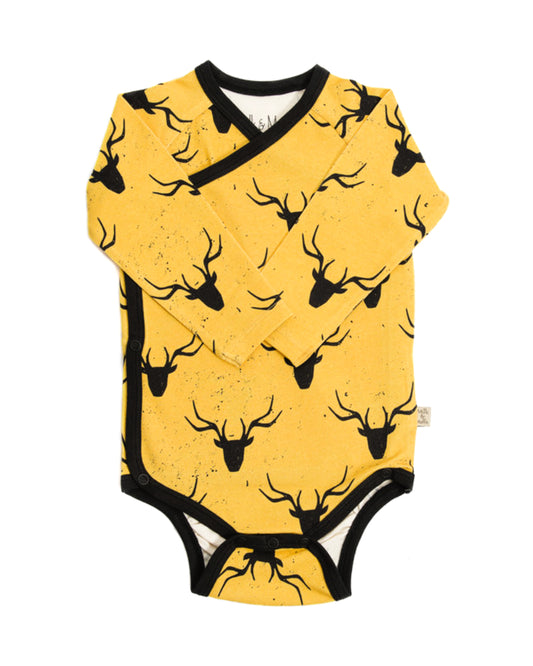 Gelber Babybody mit schwarzem Geweih Print asu Biobaumwolle 