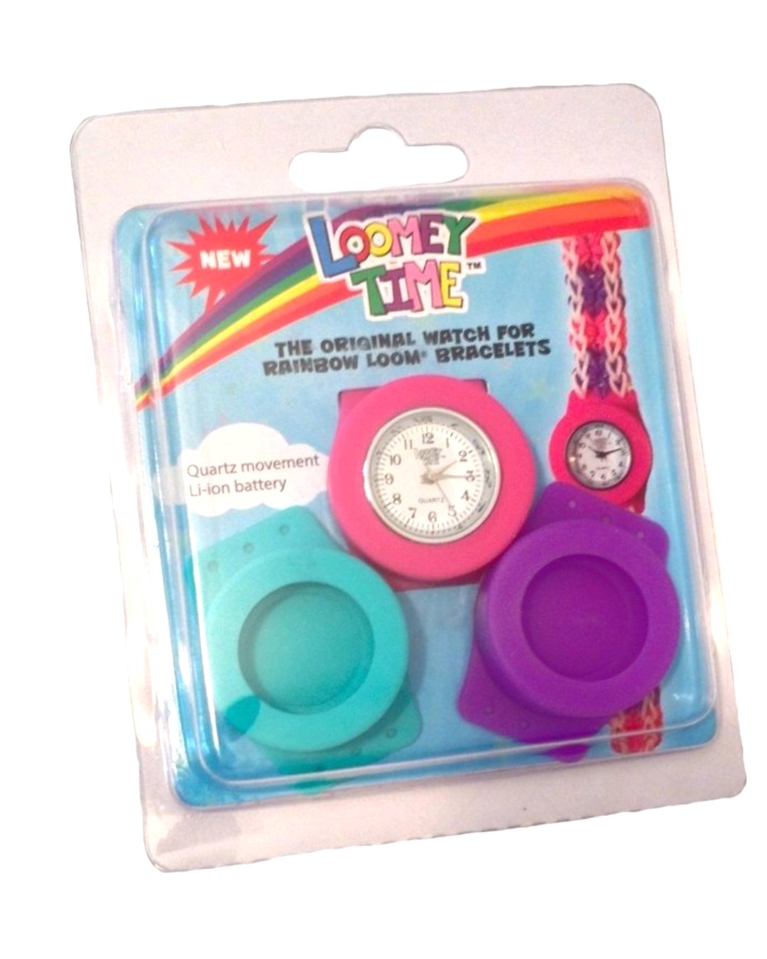 Kinder Armbanduhr mit austauschbarer Hülle in Pink, lila, hellblau - zum Basteln von Loom Armbändern von Rainbow Looms