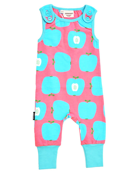 babystrampler in pink mit türkis farbenen äpfeln aus biobaumwolle von moromini 