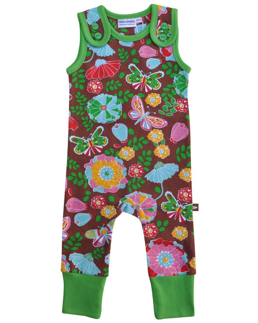 baby strampler in braun mit bunten blumen und schmetterlingen grün abgesetzt  aus biobaumwolle  von moromini bei juicyfashion 