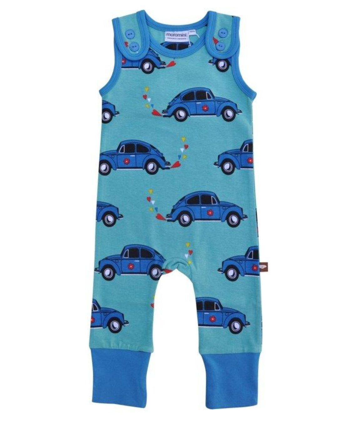 blauer strampler für babys aus biobaumwolle mit beetle auto print aus dem auspuff kommen herzen von moromini bei juicyfashion 