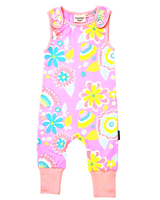 rosa baby Strampler mit pastell blumen print aus biobaumwolle von moromini bei juicyfashion 
