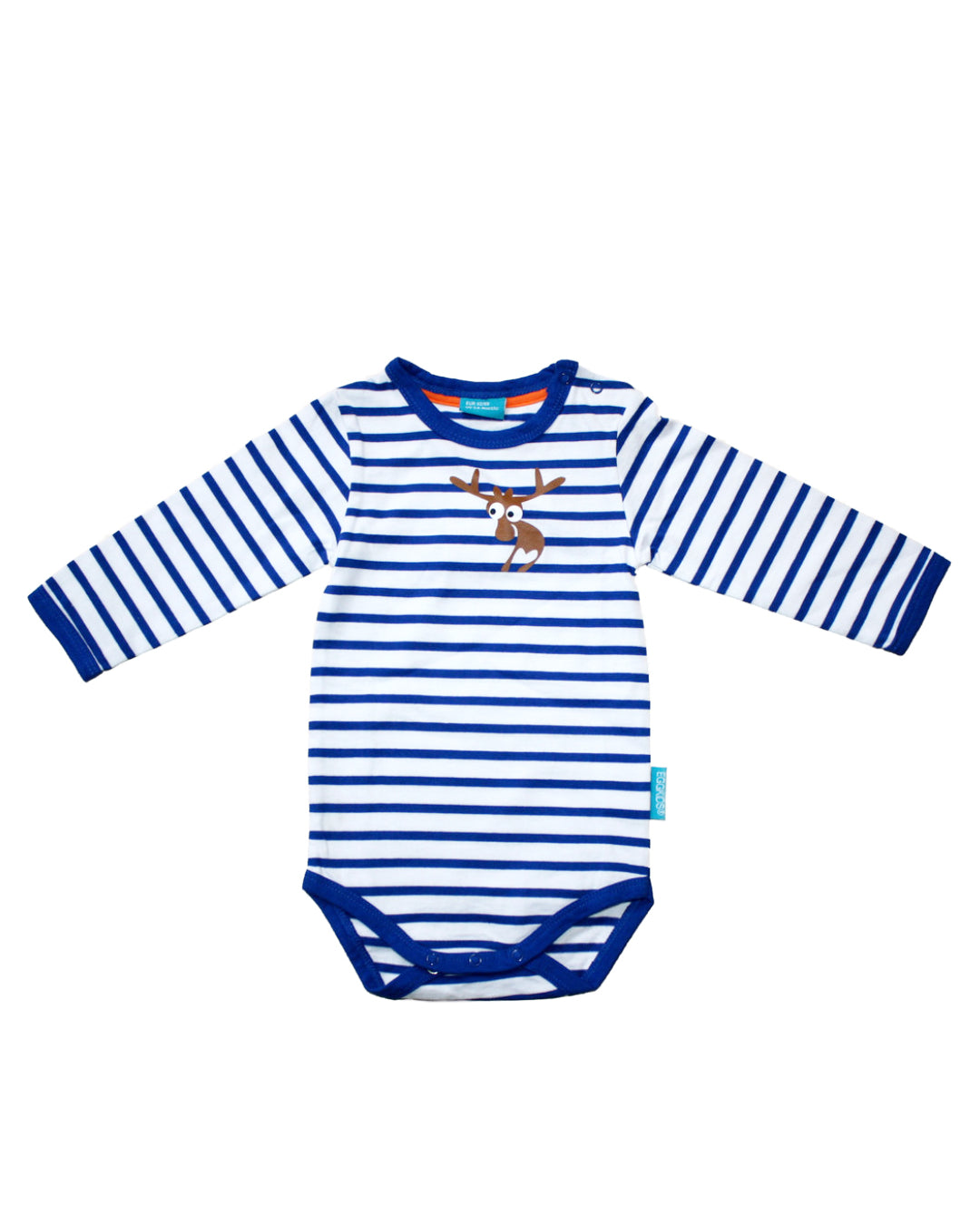Langärmliger Babybody in weiß mit blauen Streifen und braunem kleinen Elch in Brusthöhe