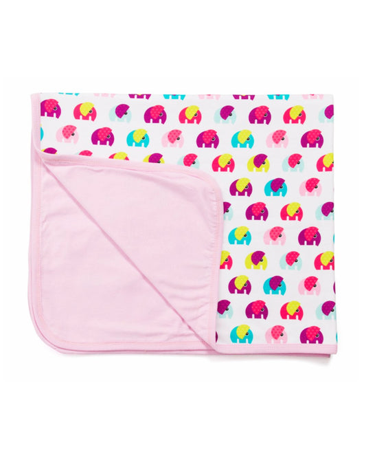 rosa weiße babydecke aus biobaumwolle mit elefanten print bei juicyfashion 