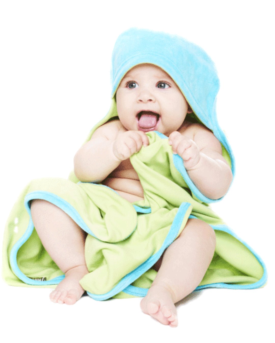 Baby mit Babydecke in lindgrün und hellblau aus Bambusviskose