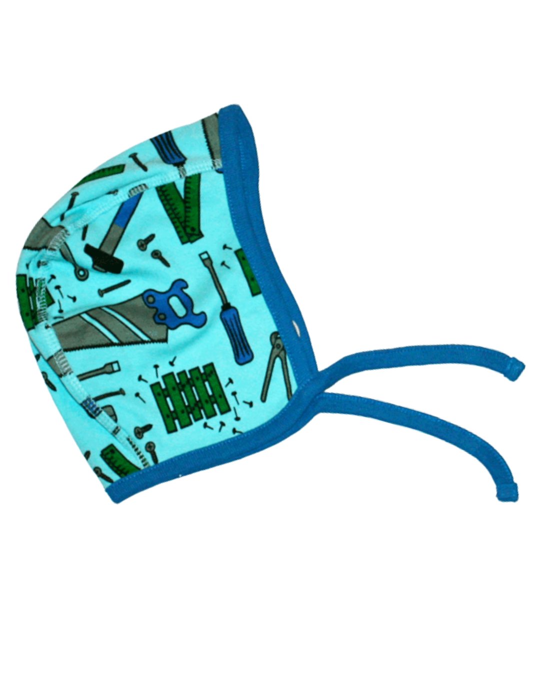 blaue babymütze tools aus Biobaumwolle mit Handwerkszeug-Print von DUNS Sweden