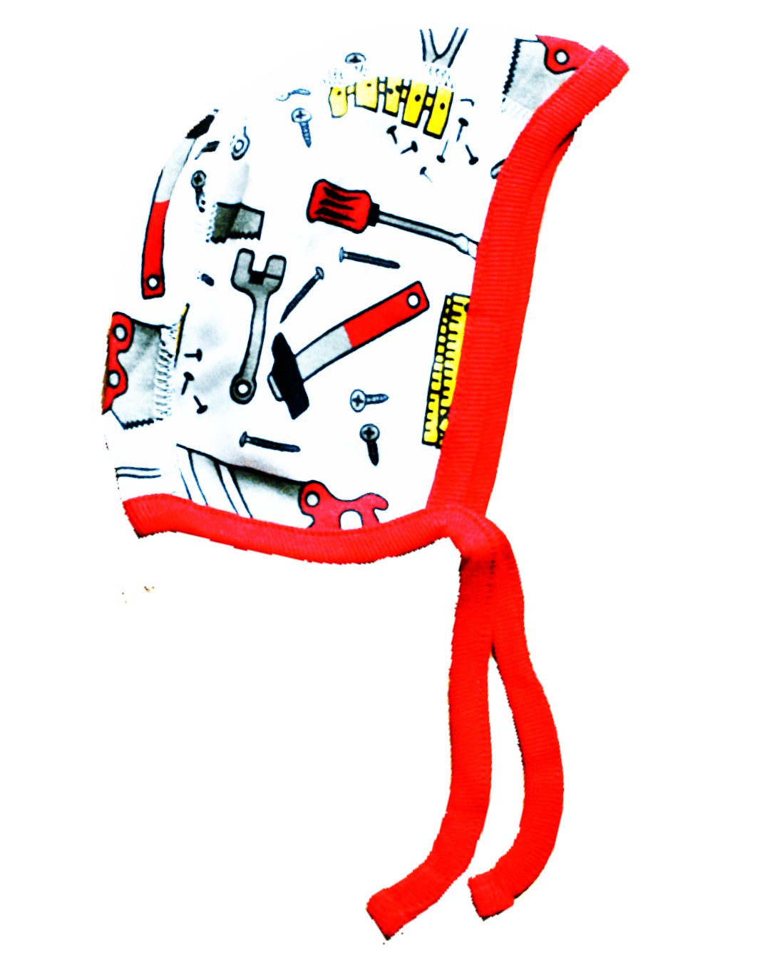 Babymütze in weiß mit Werkzeug wie Hammer, Schraubenzieher, Zollstock rot abgesetzt von DUNS Sweden