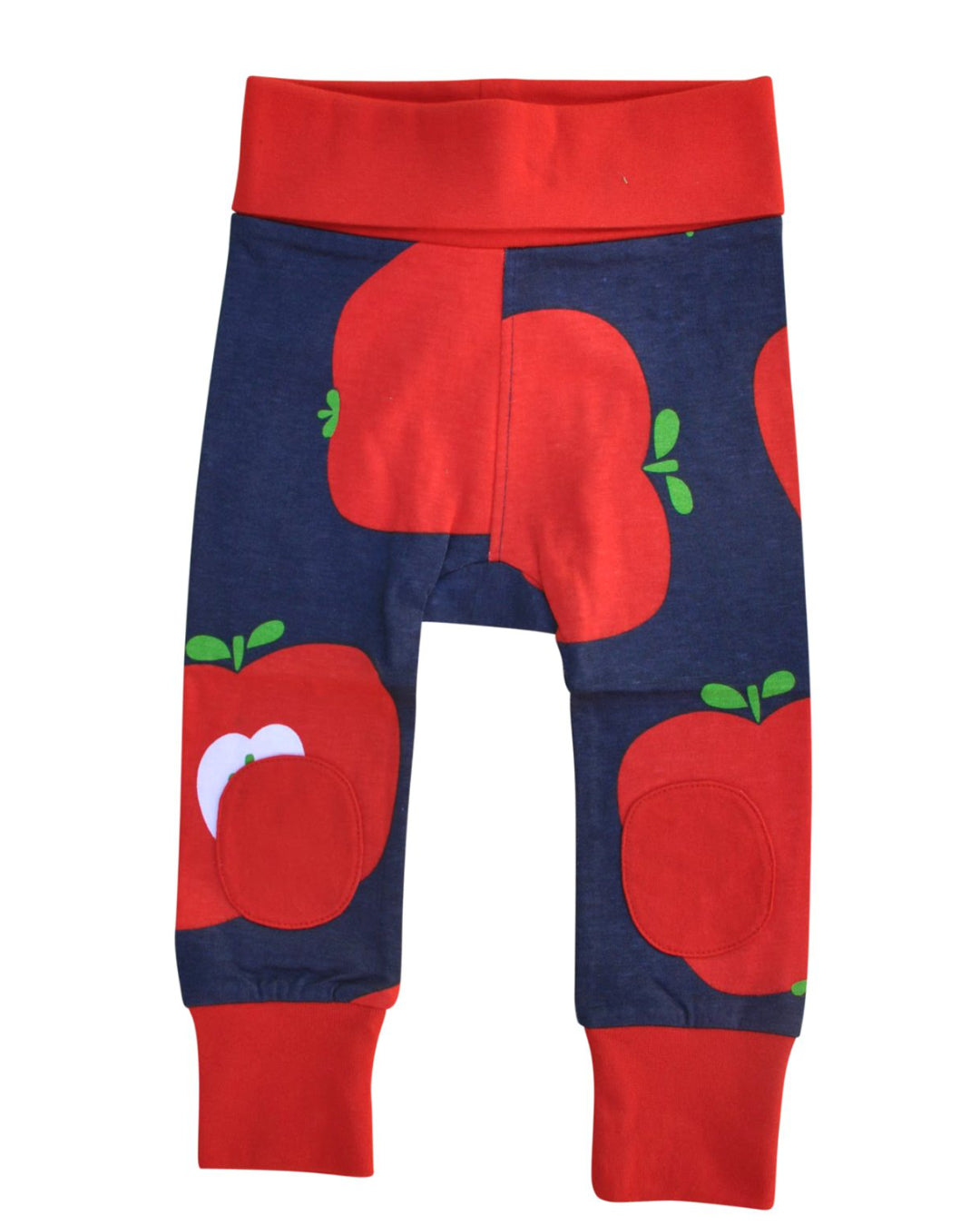 Babyhose in dunkelblau mit großen roten Äpfeln aus Biobaumwolle von moromini Bund am Bauch und Beinen rot abgesetzt