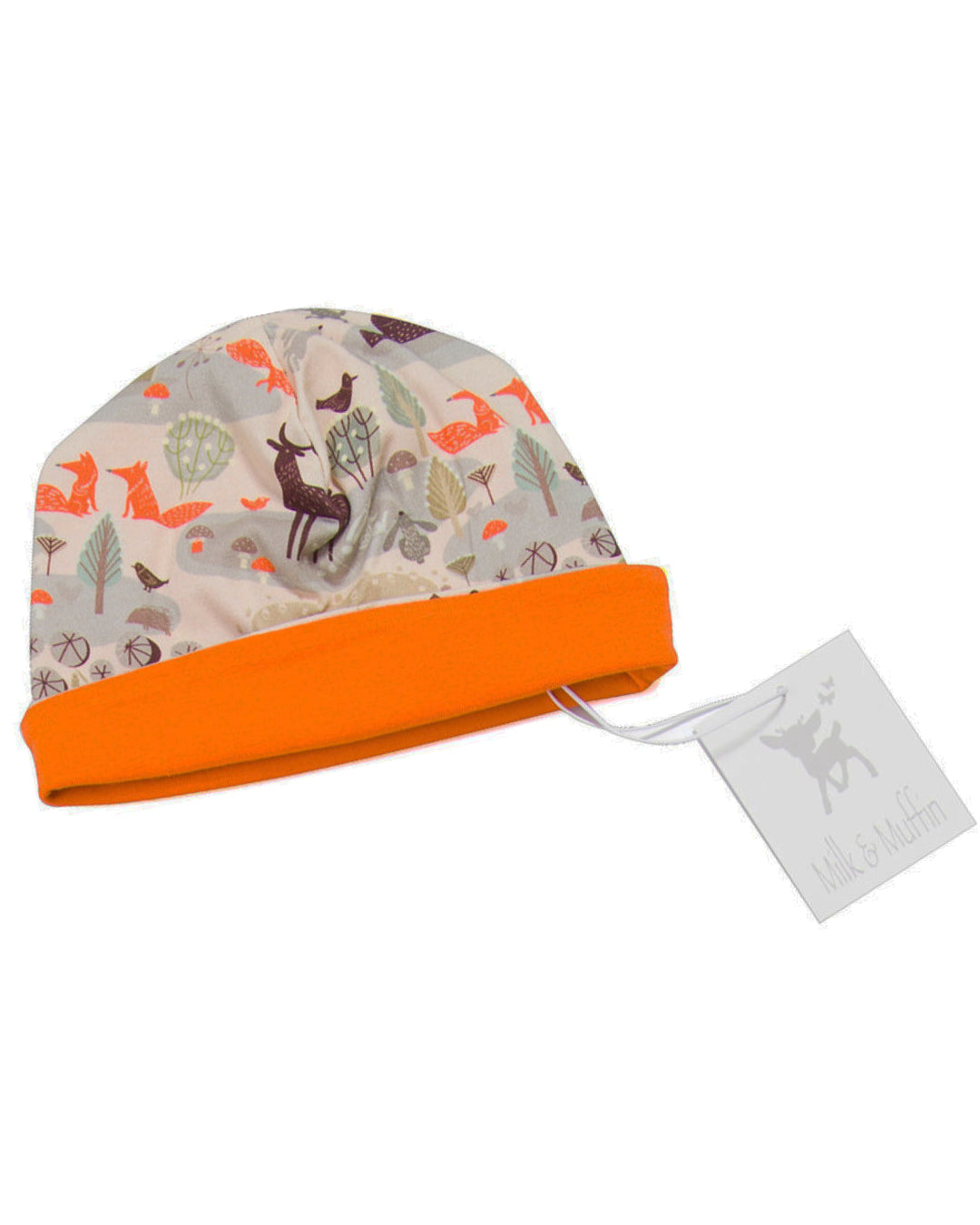 Babymütze mit Waldtieren in orange und beige