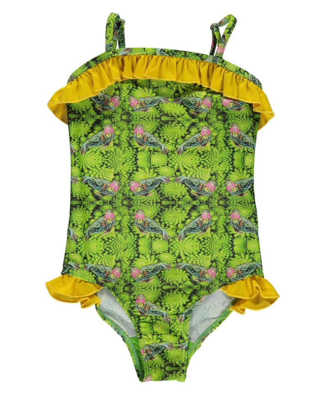 Grüner Badeanzug mit gelben Rüschen an Beinausschnitt und am oberen Saum, Brokkoli ORNAMENTE