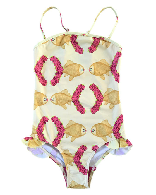 Zart gelber Badeanzug für Mädchen mit Spagettiträgern und Rüschen am Beinausschnitt & Fisch Print
