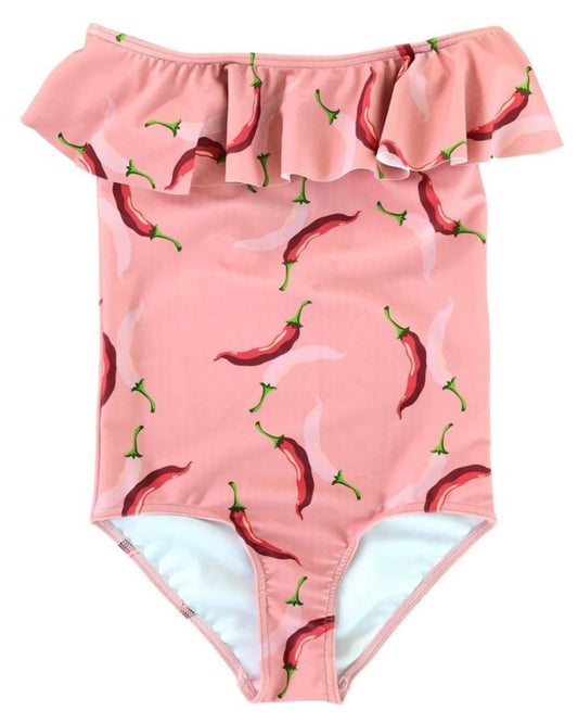 Rosa Badeanzug mit Peperoni Print und breitem Volant am Halsausschnitt