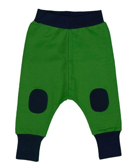 grüne Hose für Kinder mit dunkelblauen Bündchen von moromini