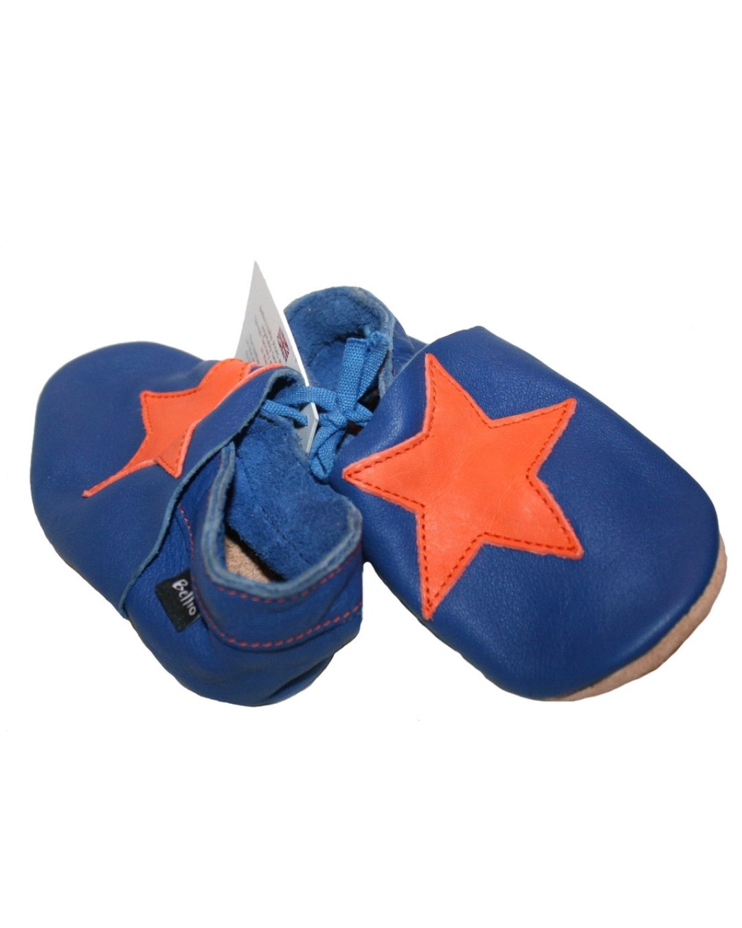 Blaue Krabbelschuhe mit Stern in Orange, aus Bioleder