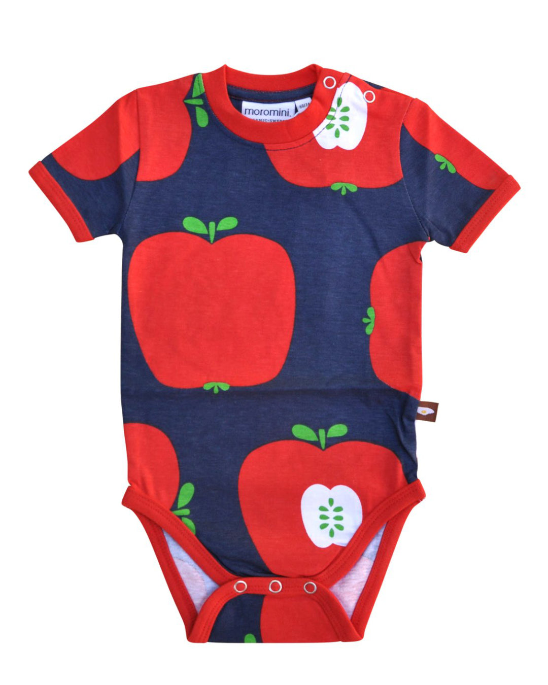 Dunkelblauer Babybody mit großen roten Äpfeln aus Biobaumwolle von moromini