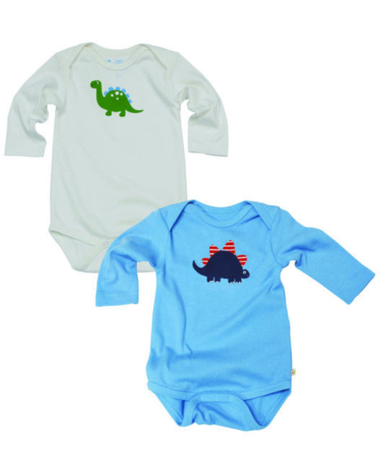 Weißer und blauer Babybody mit Saurier Print von Frugi asu Biobaumwolle