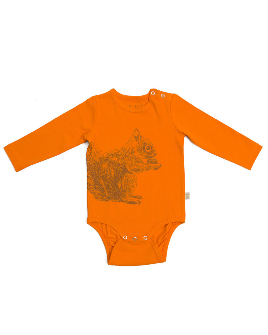 Orangeer Babybody mit Eichhörnchen Grafik aus Biobaumwolle