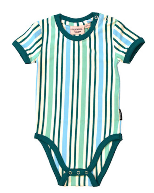 Gestreifter grüner Babybody mit kurzen Ärmeln aus Biobaumwolle von moromini