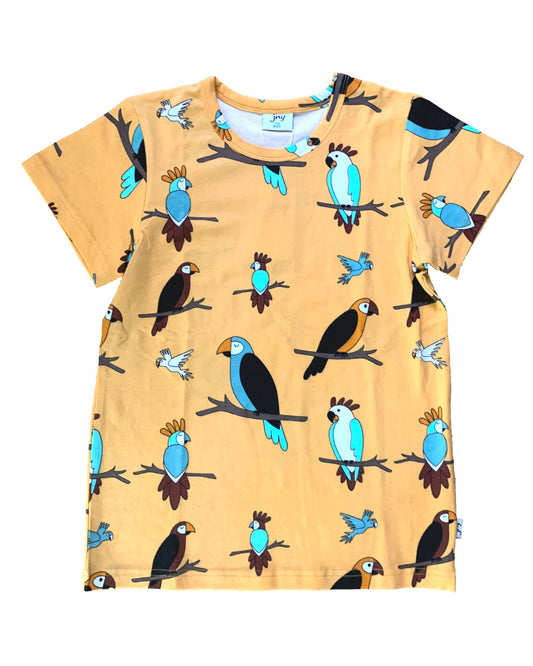 T-Shirt aus Biobaumwolle in gelb mit Vogel-Print