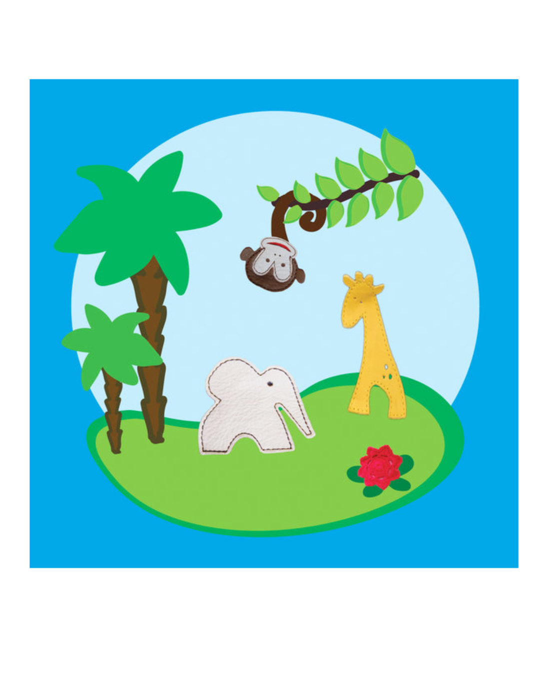 Blaue Grußkarte mit Giraffe, Elefant und Affe