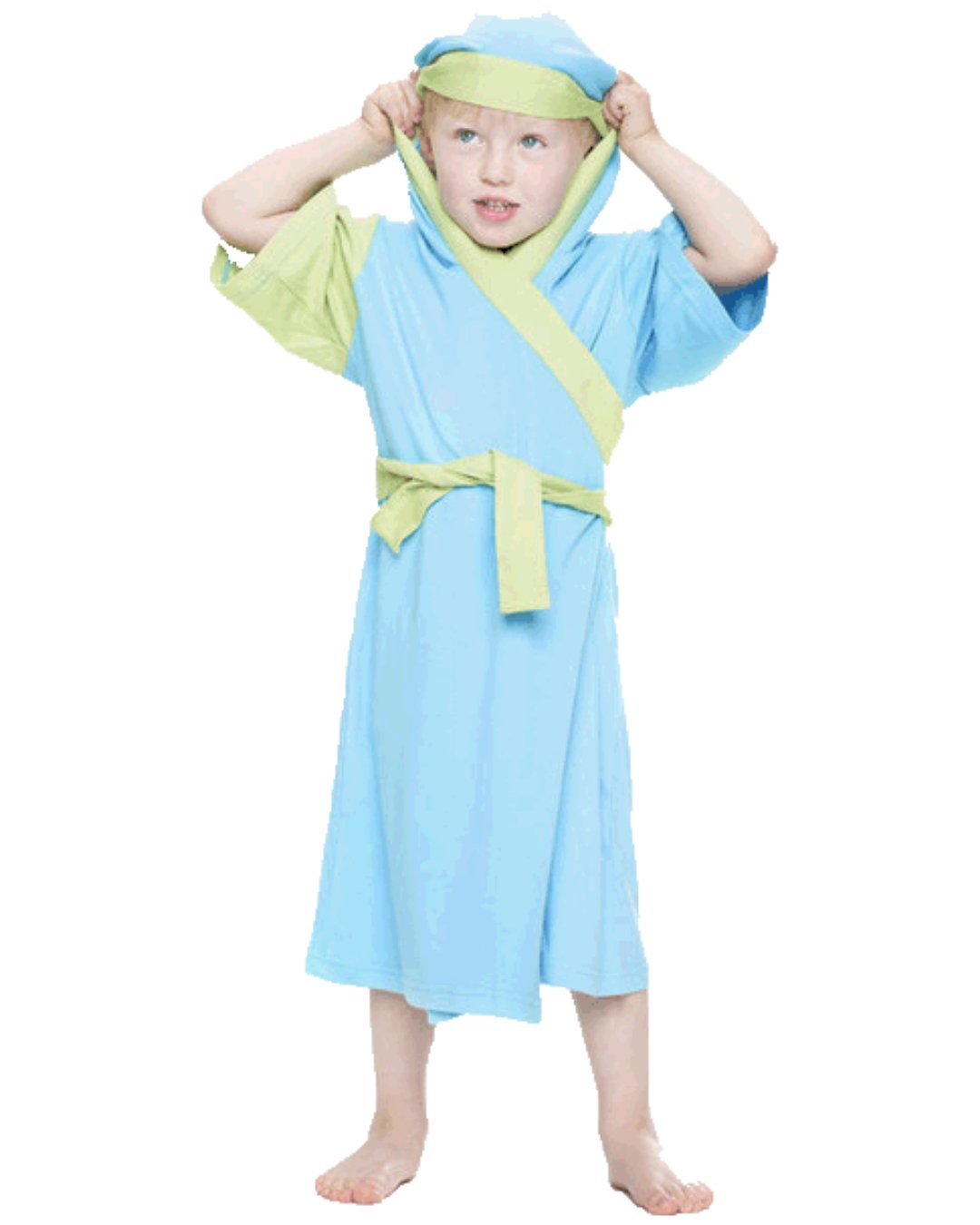 Kimono für Kinder aus Bambus und Biobaumwolle in hellblau mit einem grünen Ärmel und grünem Gürtel