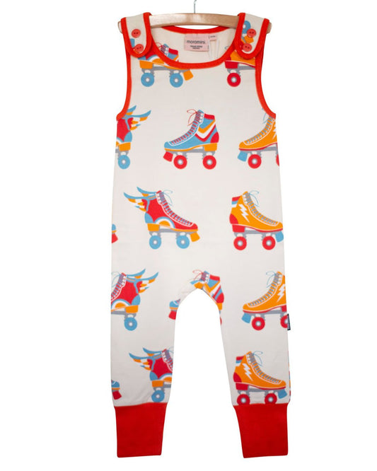 creme kinderlatzhose orangerot abgesetzt mit retro rollschuh-print aus biobaumwolle  von moromini