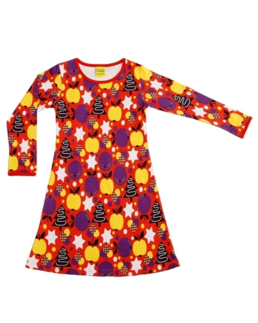 Rotes Kleid mit Weihnachtsmotiven von DUNS Sweden aus Biobaumwolle bei juicyfashion 