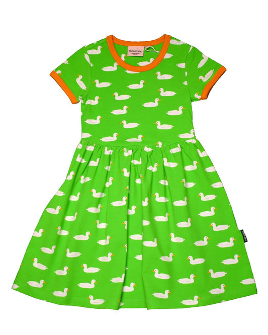 Kleid ENTENTEICH in grün mit weißen Enten von moromini aus Biobaumwolle für Kinder