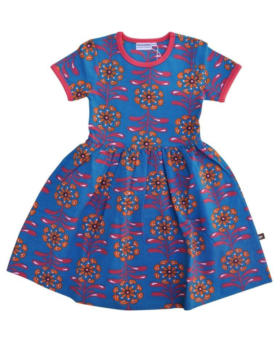 Blaues Kurzarm Kleid für Kinder aus Biobaumwolle mit neon pink Blumen
